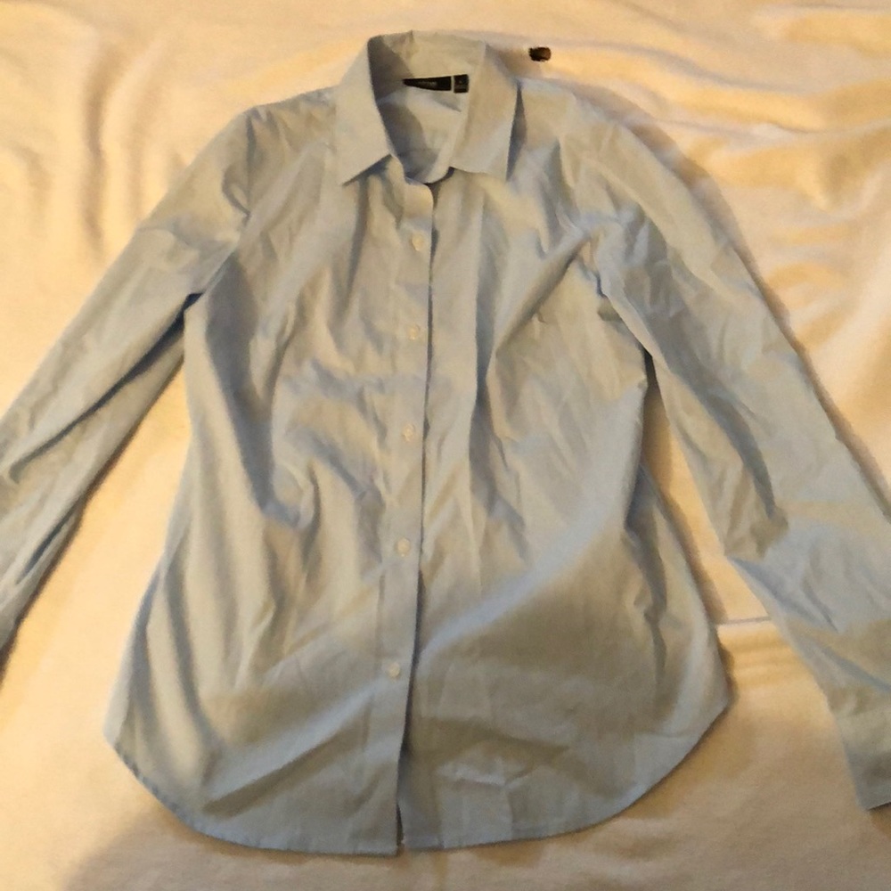 blue and white stripped button up